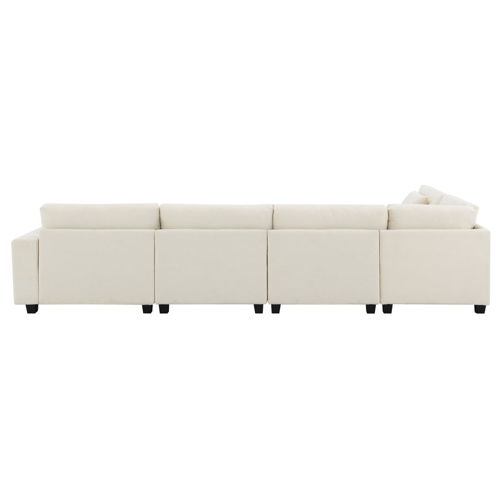 Chenille U Shaped Sectional Sofa with Ottoman, Storage, Cup Holders, and USB Ports, Off White, 128*67'