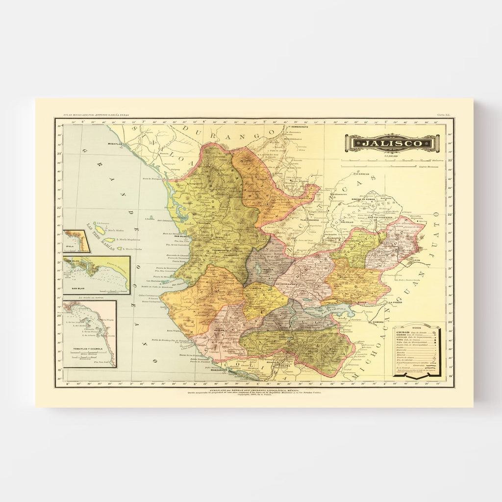 Vintage Map of Jalisco Mexico, 1886