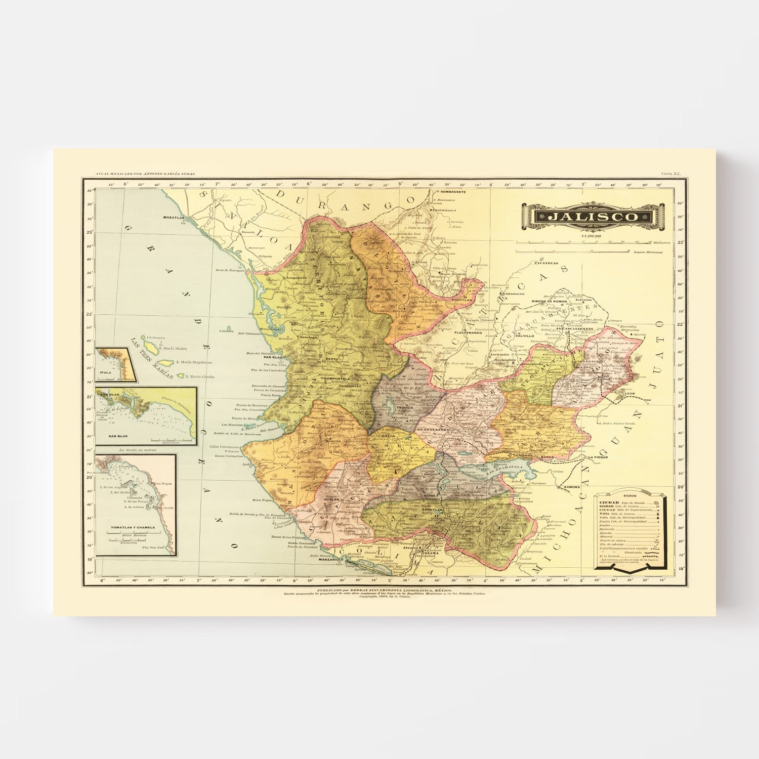 Vintage Map of Jalisco Mexico, 1886