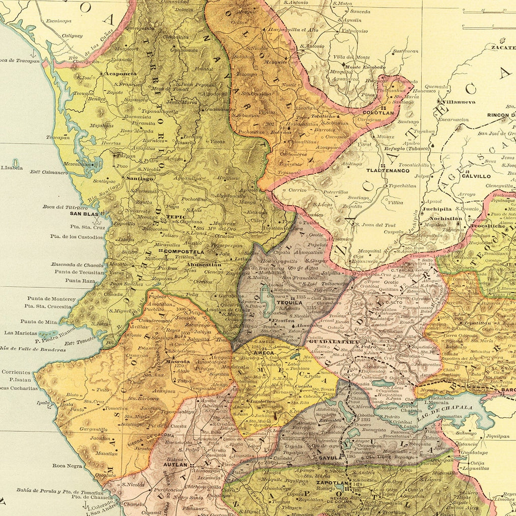 Vintage Map of Jalisco Mexico, 1886