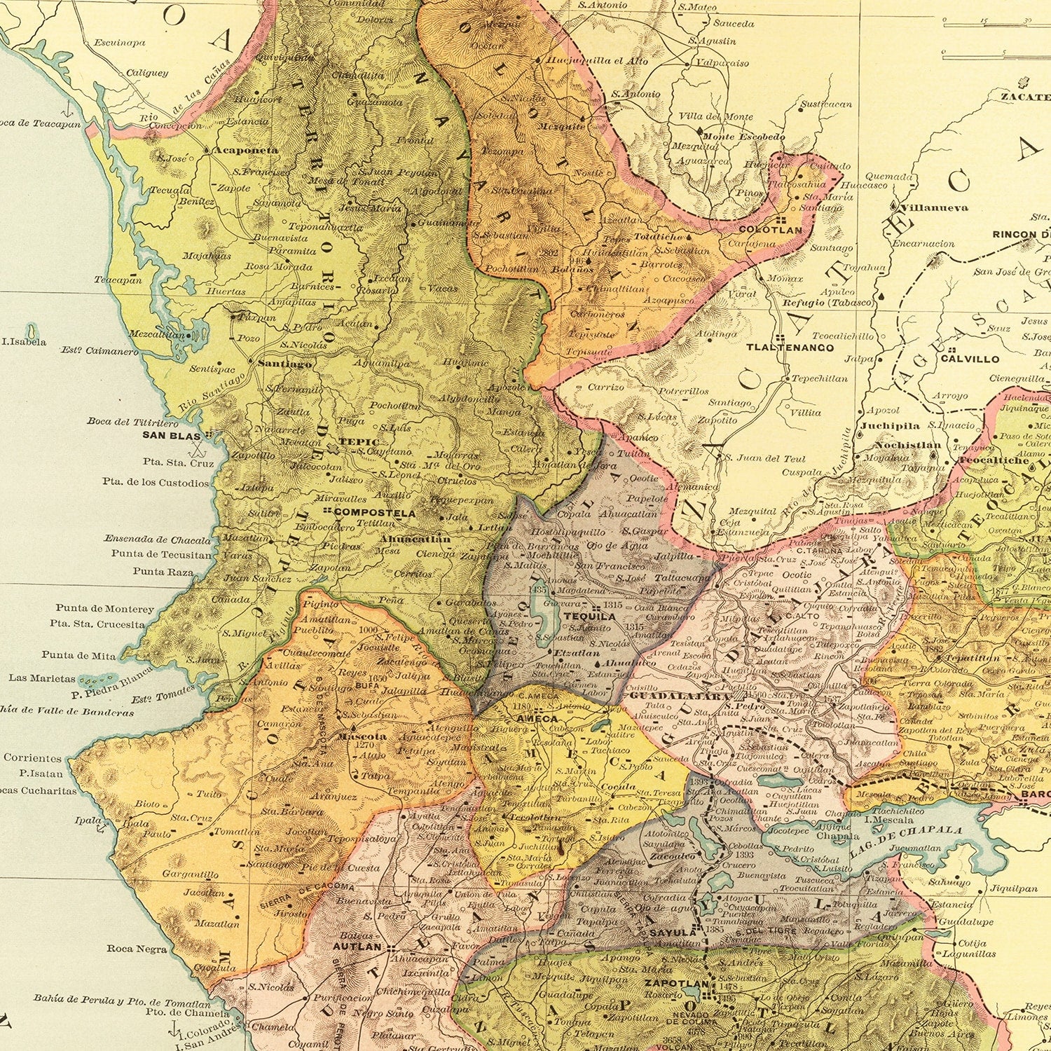 Vintage Map of Jalisco Mexico, 1886