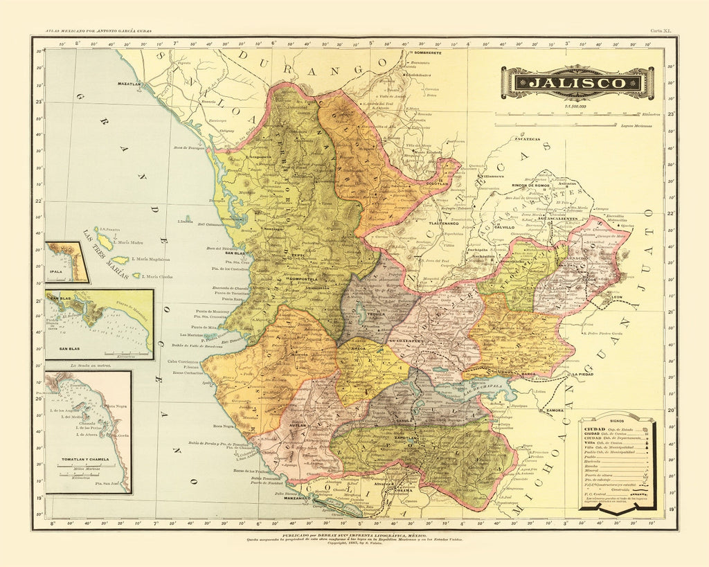 Vintage Map of Jalisco Mexico, 1886