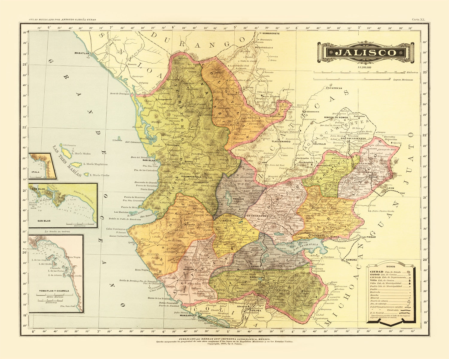 Vintage Map of Jalisco Mexico, 1886