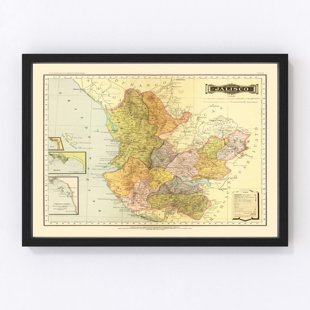 Vintage Map of Jalisco Mexico, 1886