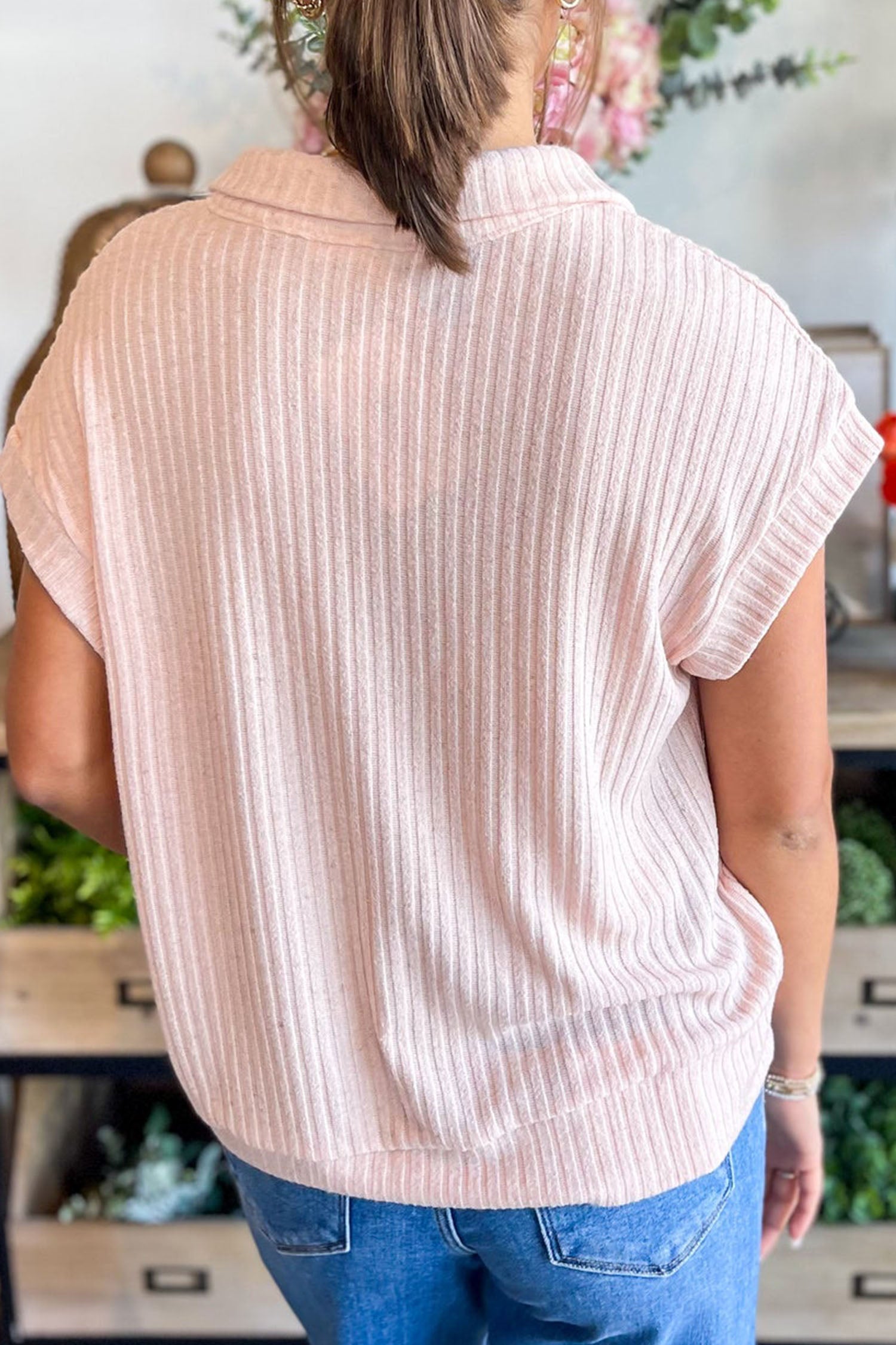 Solid Ribbed Knit Collared V-Neck Tee