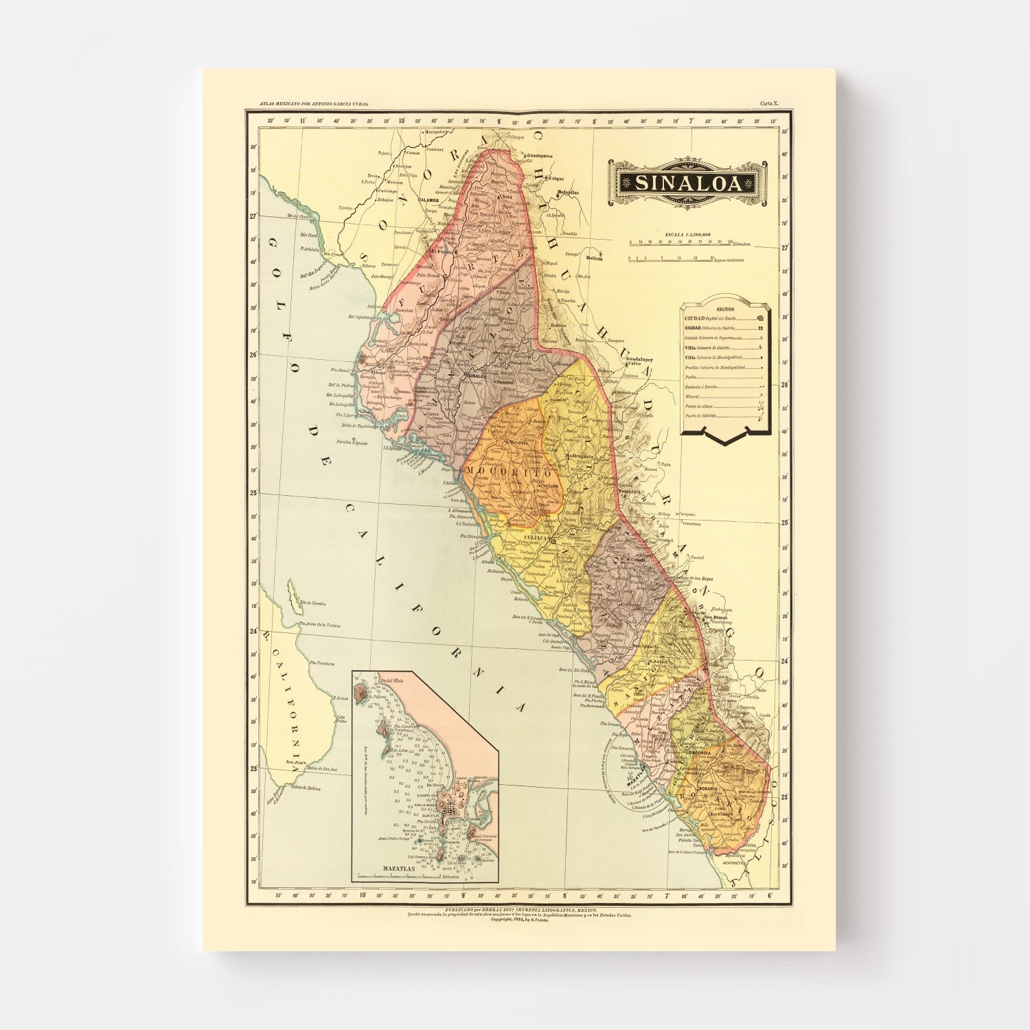 Vintage Map of Sinaloa Mexico, 1886