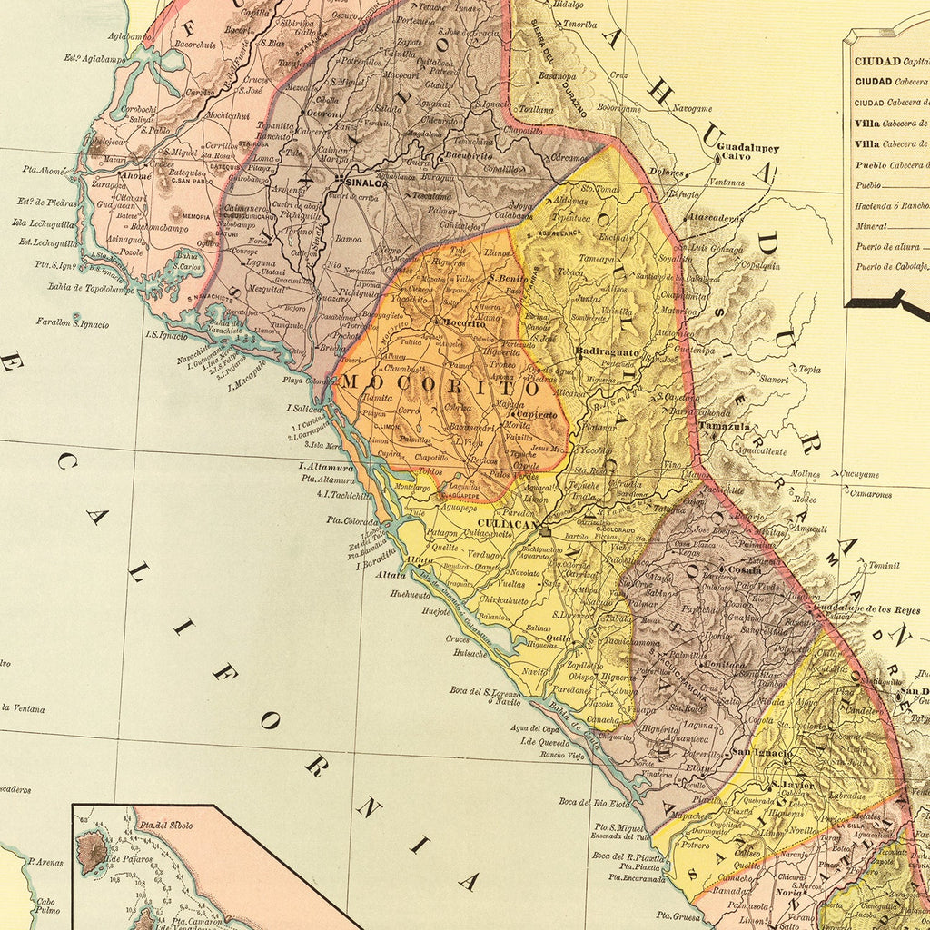 Vintage Map of Sinaloa Mexico, 1886
