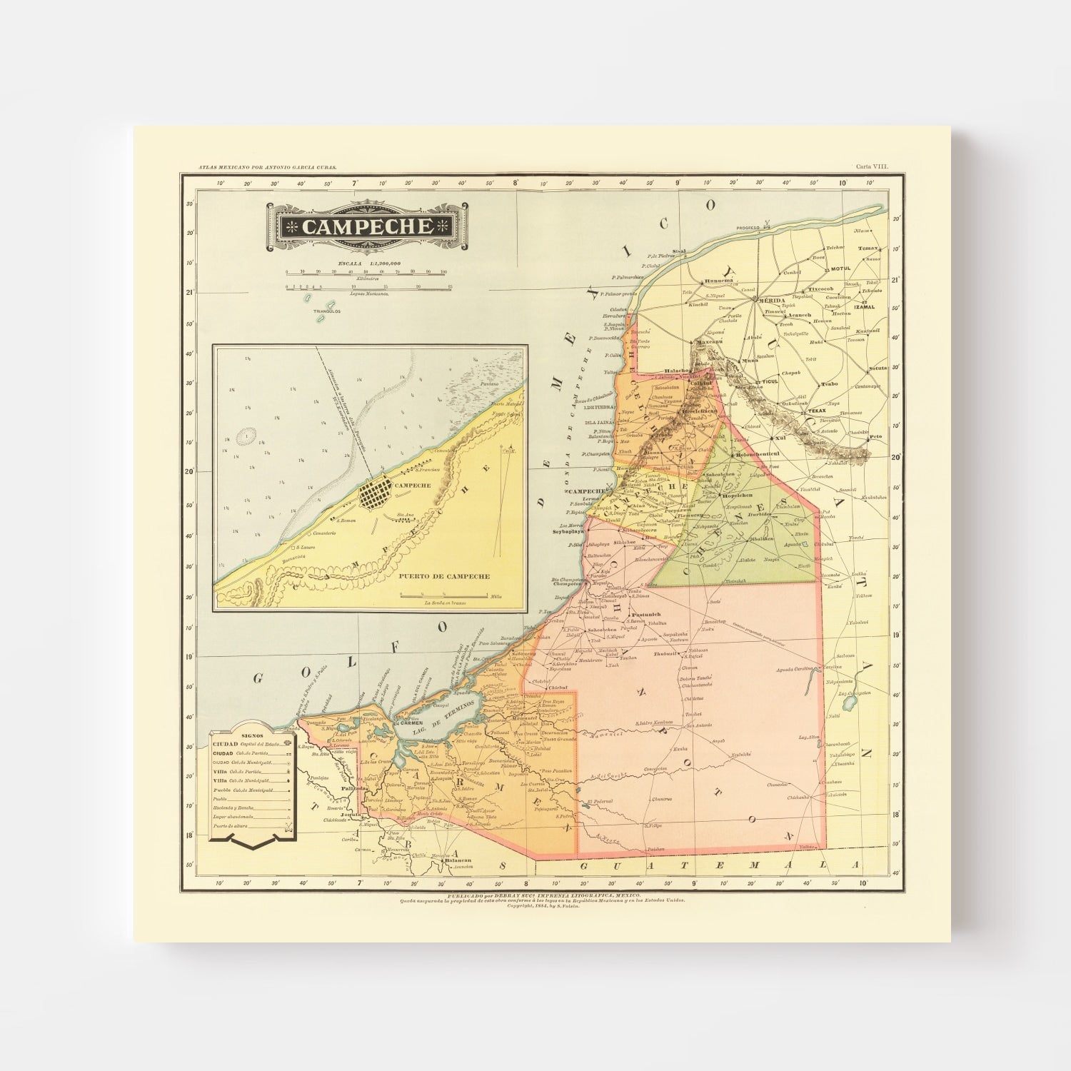 Vintage Map of Campeche Mexico, 1886