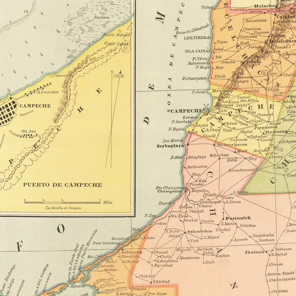 Vintage Map of Campeche Mexico, 1886