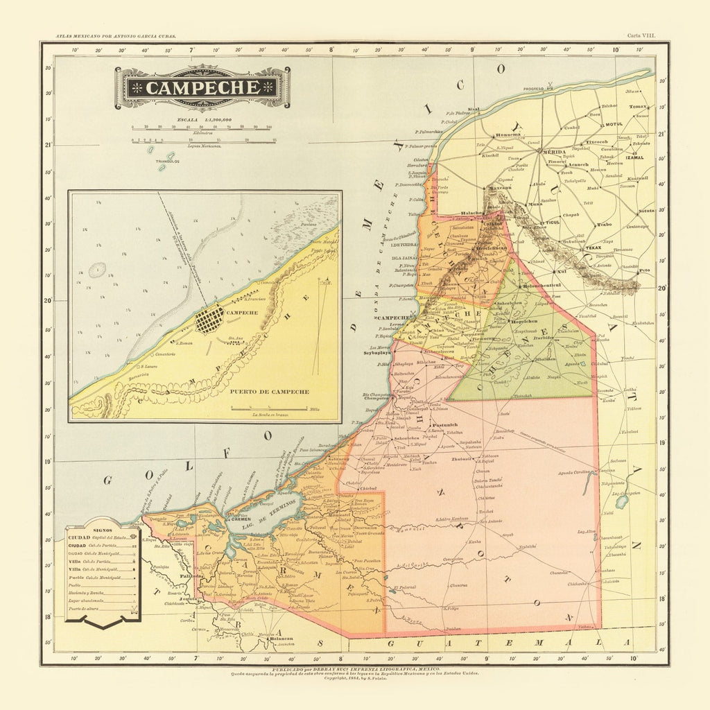 Vintage Map of Campeche Mexico, 1886