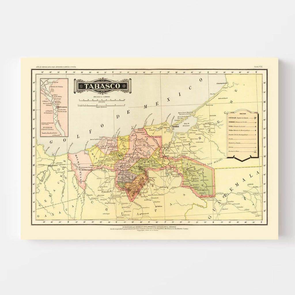 Vintage Map of Tabasco Mexico, 1886