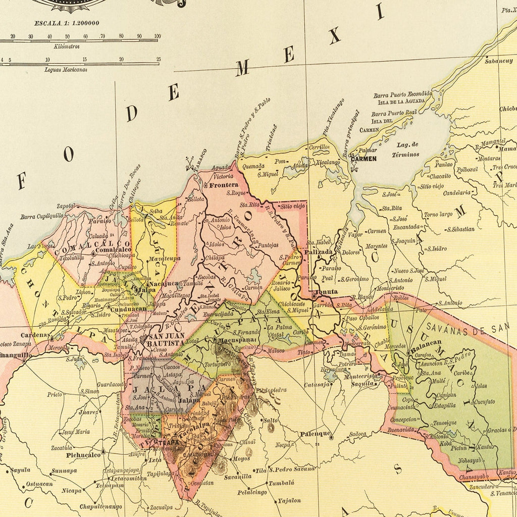 Vintage Map of Tabasco Mexico, 1886