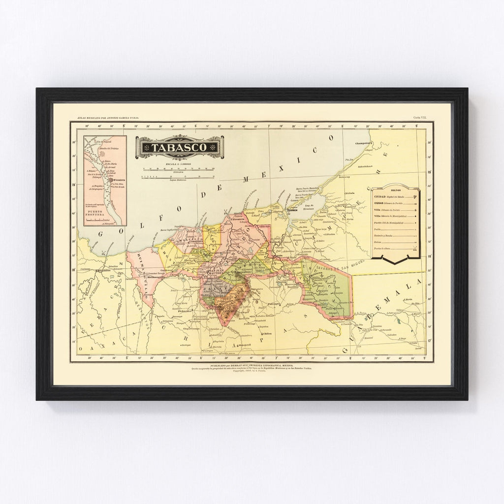 Vintage Map of Tabasco Mexico, 1886