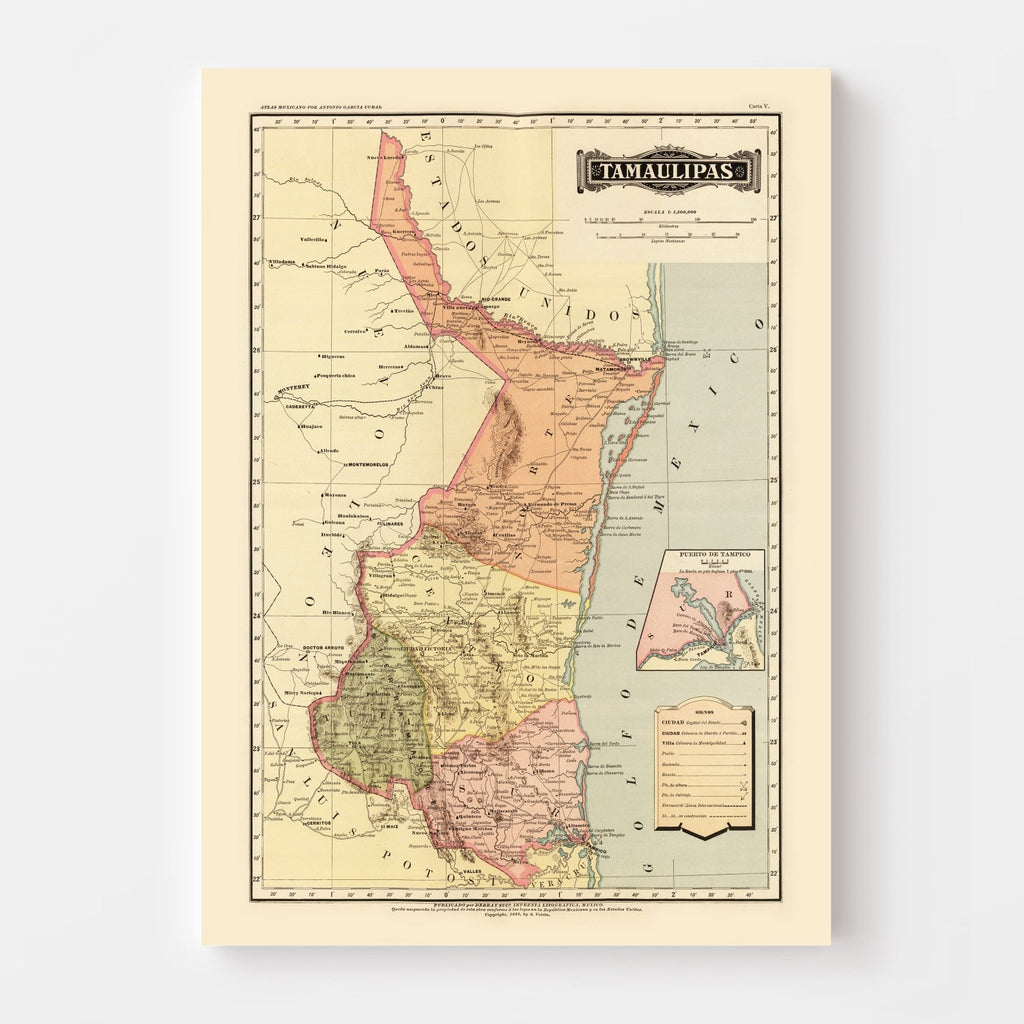 Vintage Map of Tamaulipas Mexico, 1886