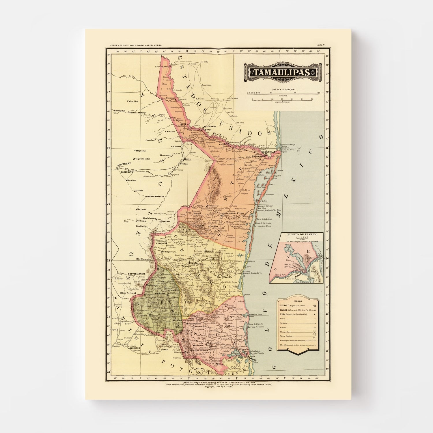 Vintage Map of Tamaulipas Mexico, 1886