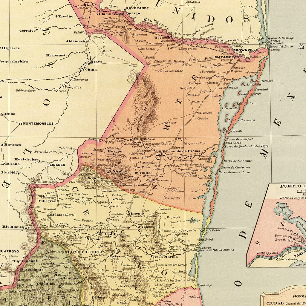 Vintage Map of Tamaulipas Mexico, 1886