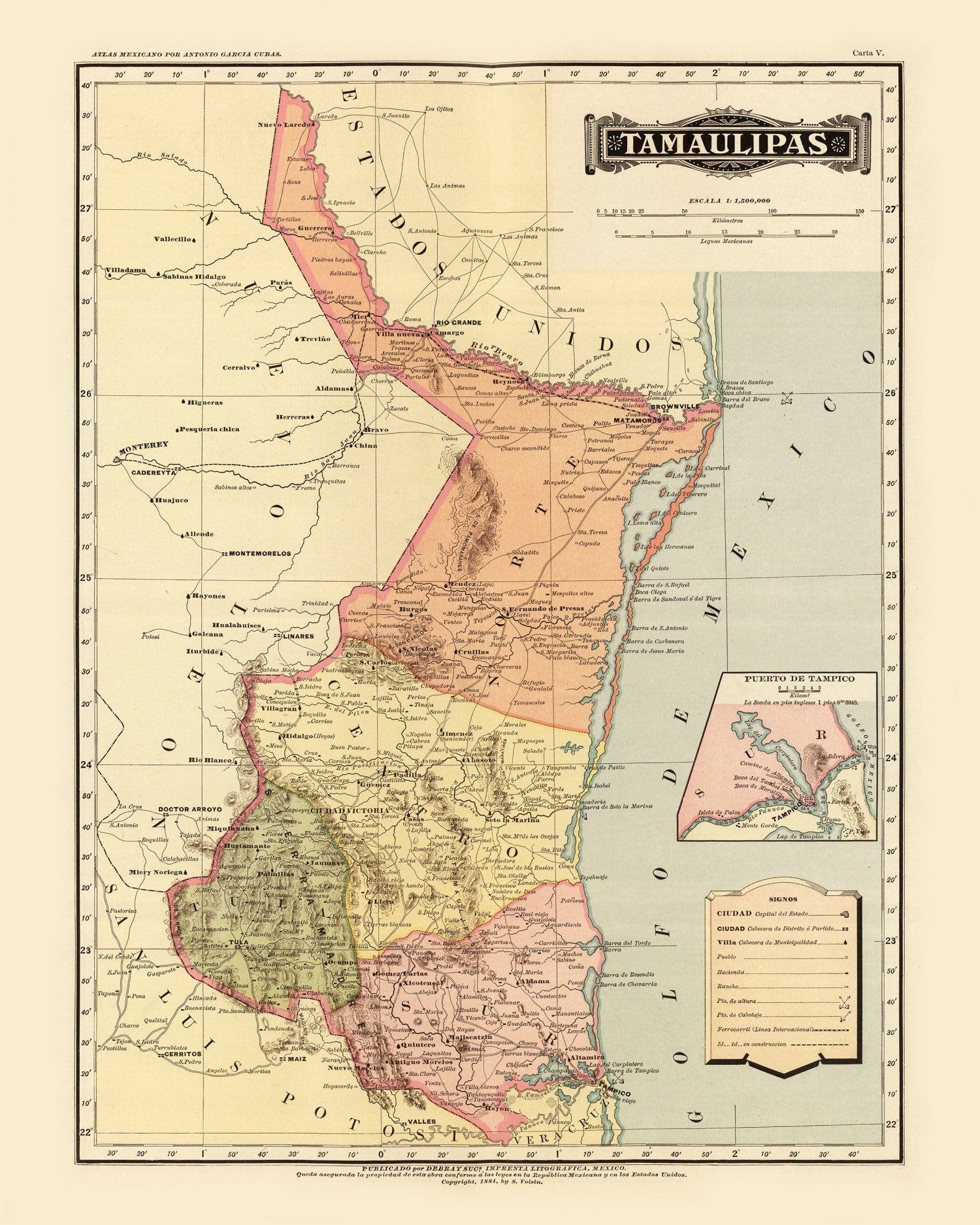 Vintage Map of Tamaulipas Mexico, 1886