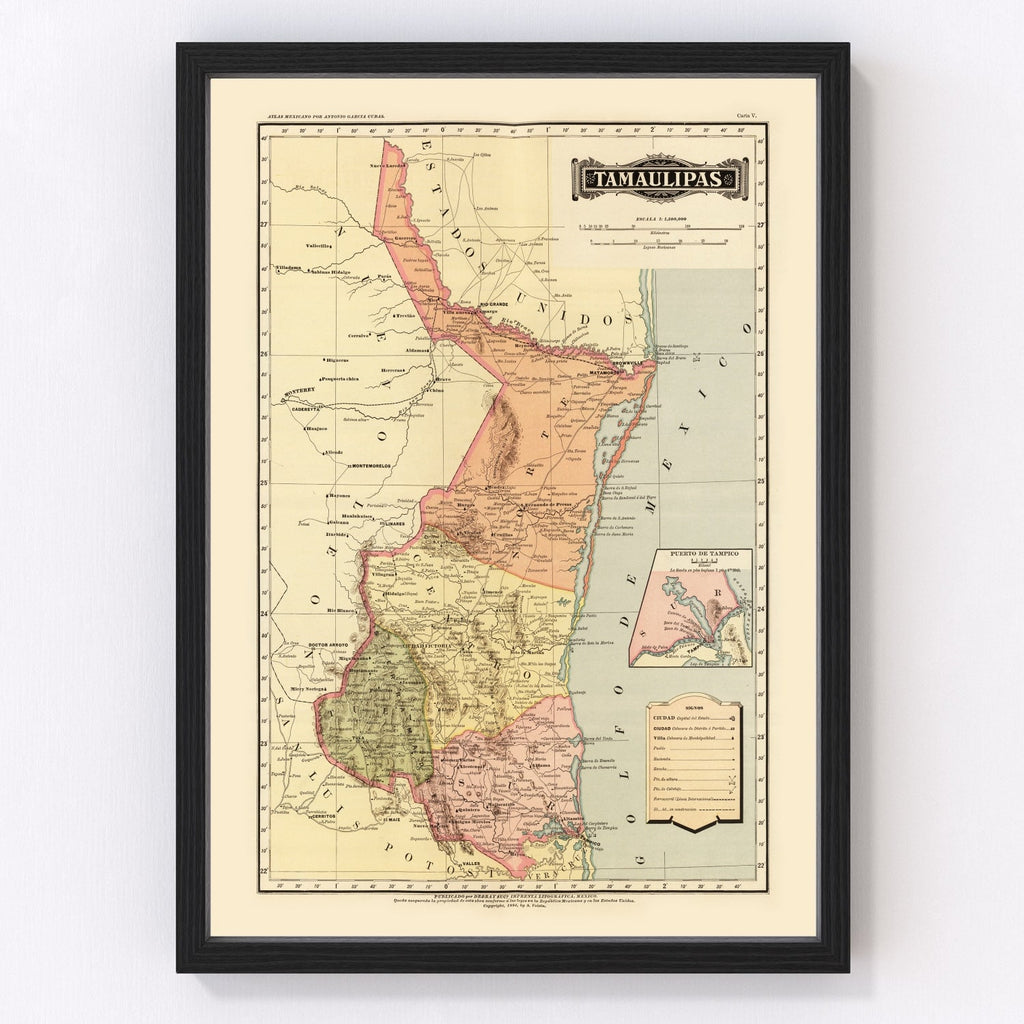 Vintage Map of Tamaulipas Mexico, 1886