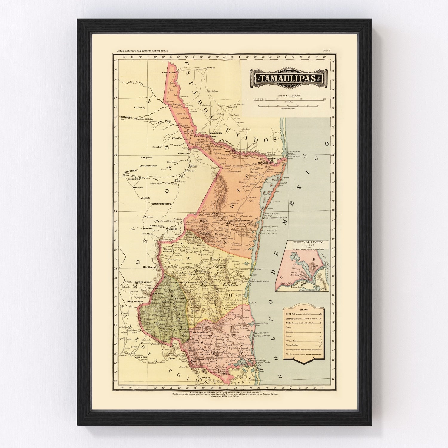 Vintage Map of Tamaulipas Mexico, 1886