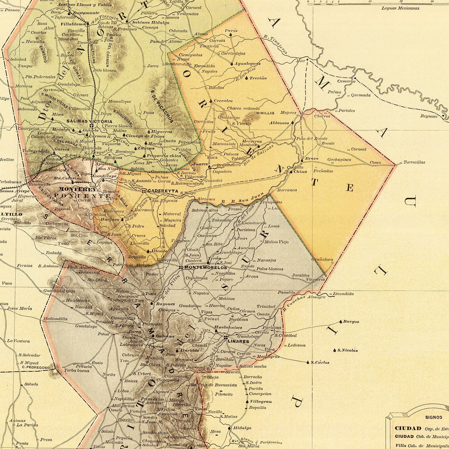 Vintage Map of Nuevo Leon Mexico, 1886
