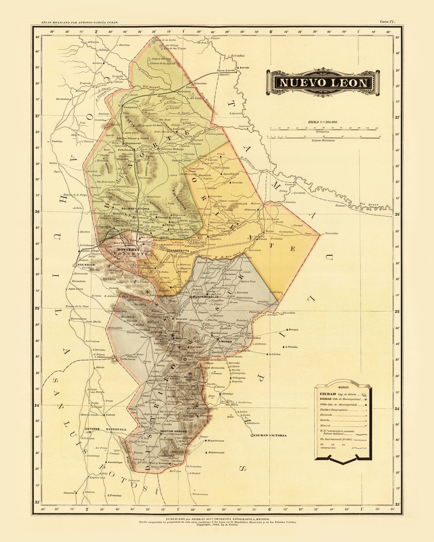 Vintage Map of Nuevo Leon Mexico, 1886