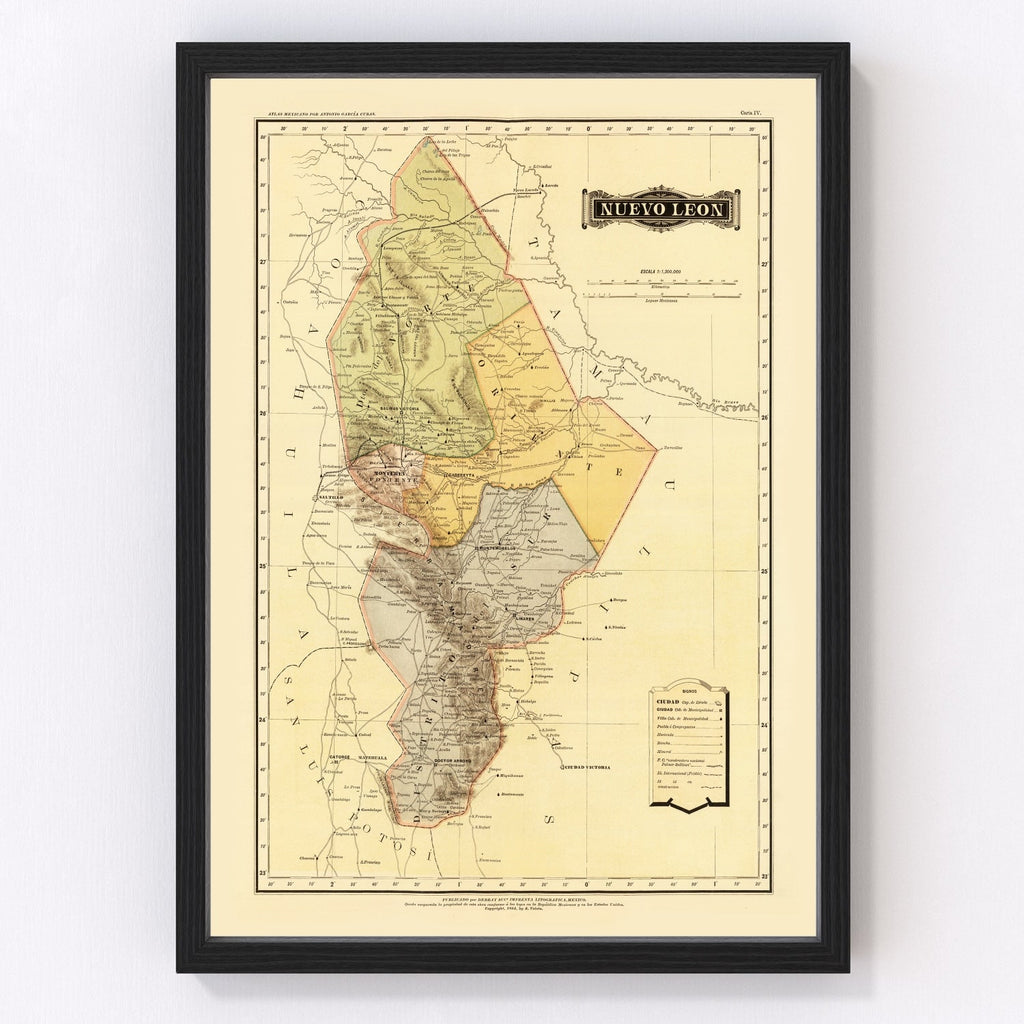 Vintage Map of Nuevo Leon Mexico, 1886