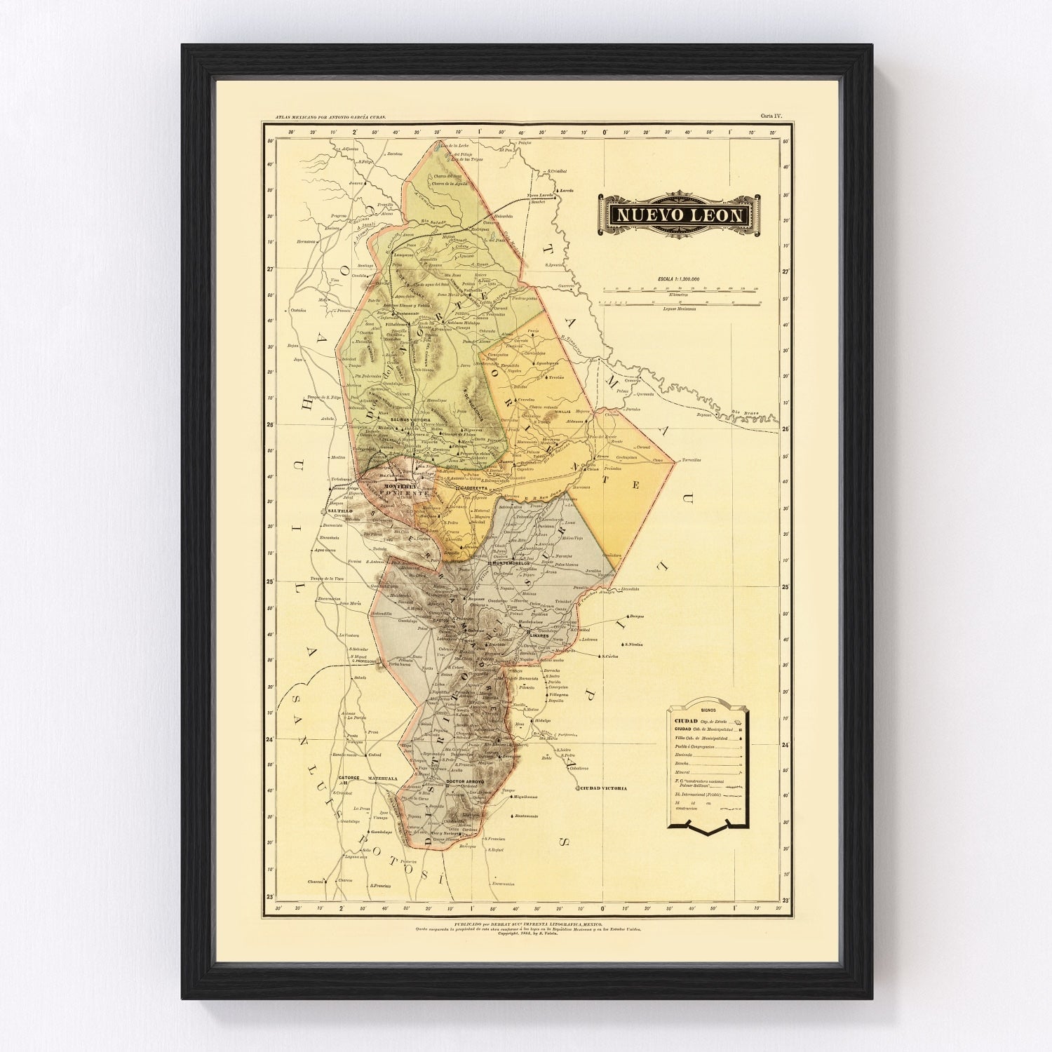 Vintage Map of Nuevo Leon Mexico, 1886