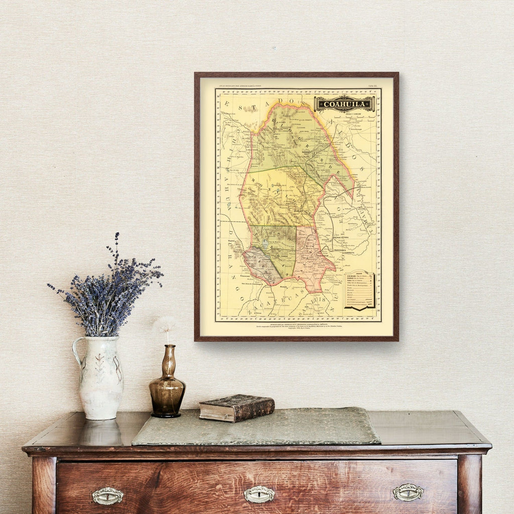 Vintage Map of Coahuila Mexico, 1886