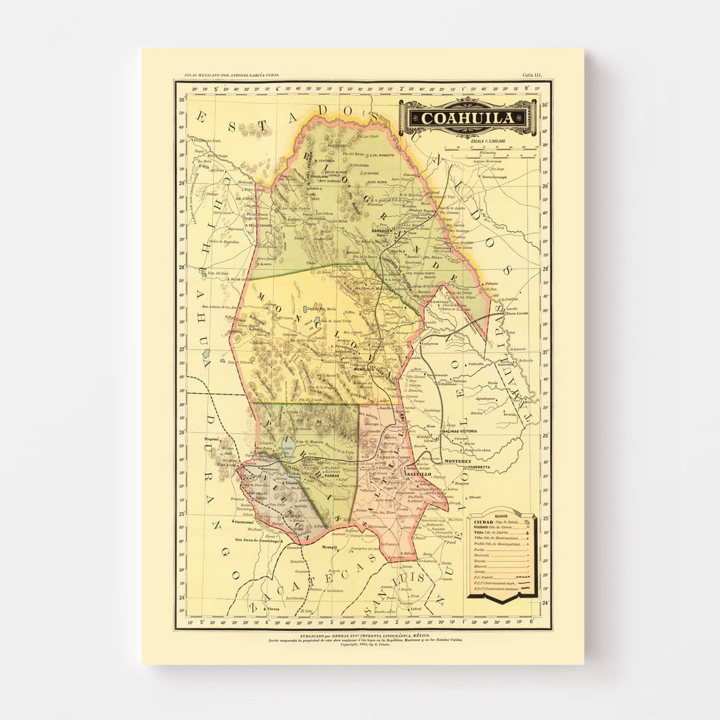 Vintage Map of Coahuila Mexico, 1886