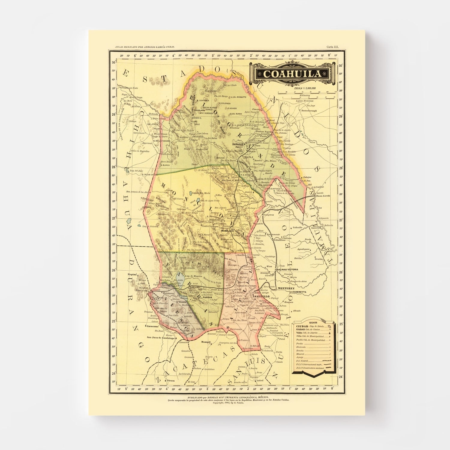 Vintage Map of Coahuila Mexico, 1886