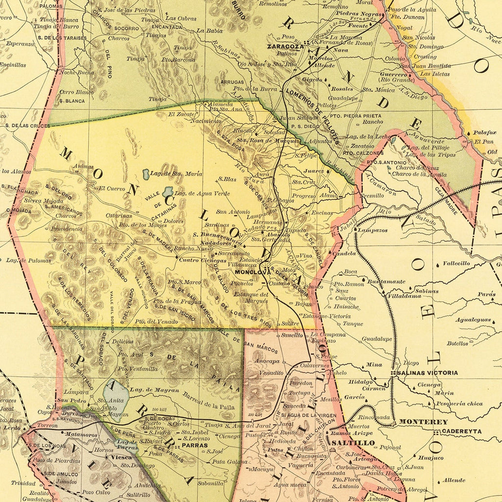Vintage Map of Coahuila Mexico, 1886