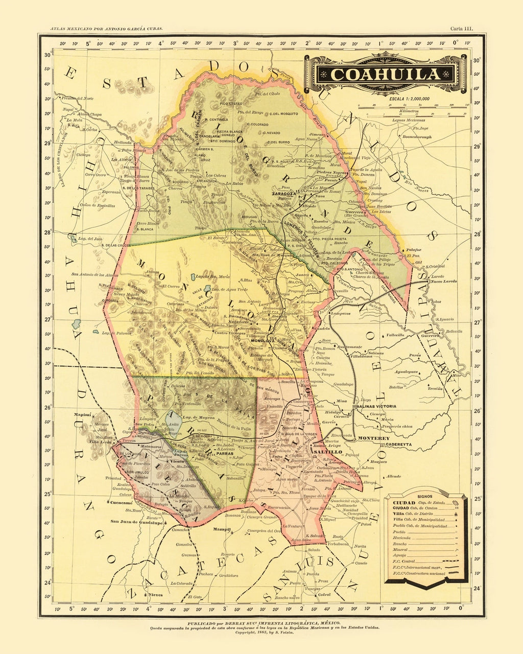 Vintage Map of Coahuila Mexico, 1886