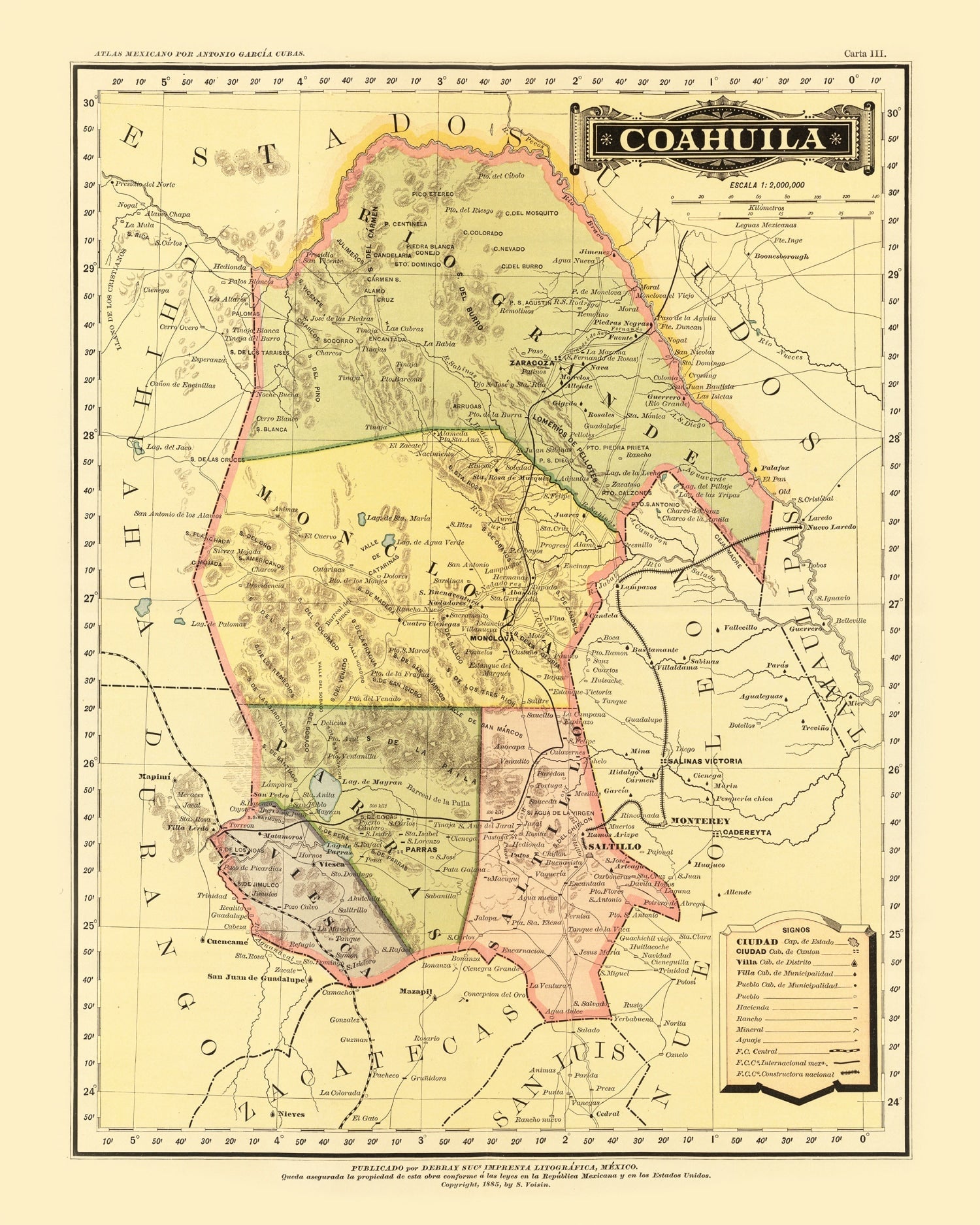 Vintage Map of Coahuila Mexico, 1886