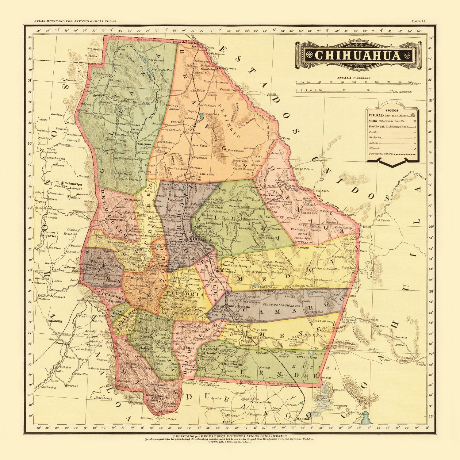 Vintage Map of Chihuahua Mexico, 1886