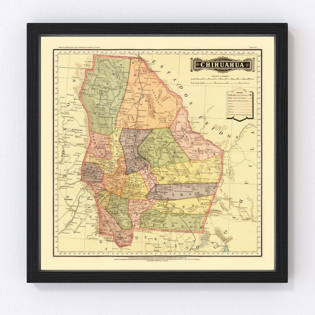 Vintage Map of Chihuahua Mexico, 1886
