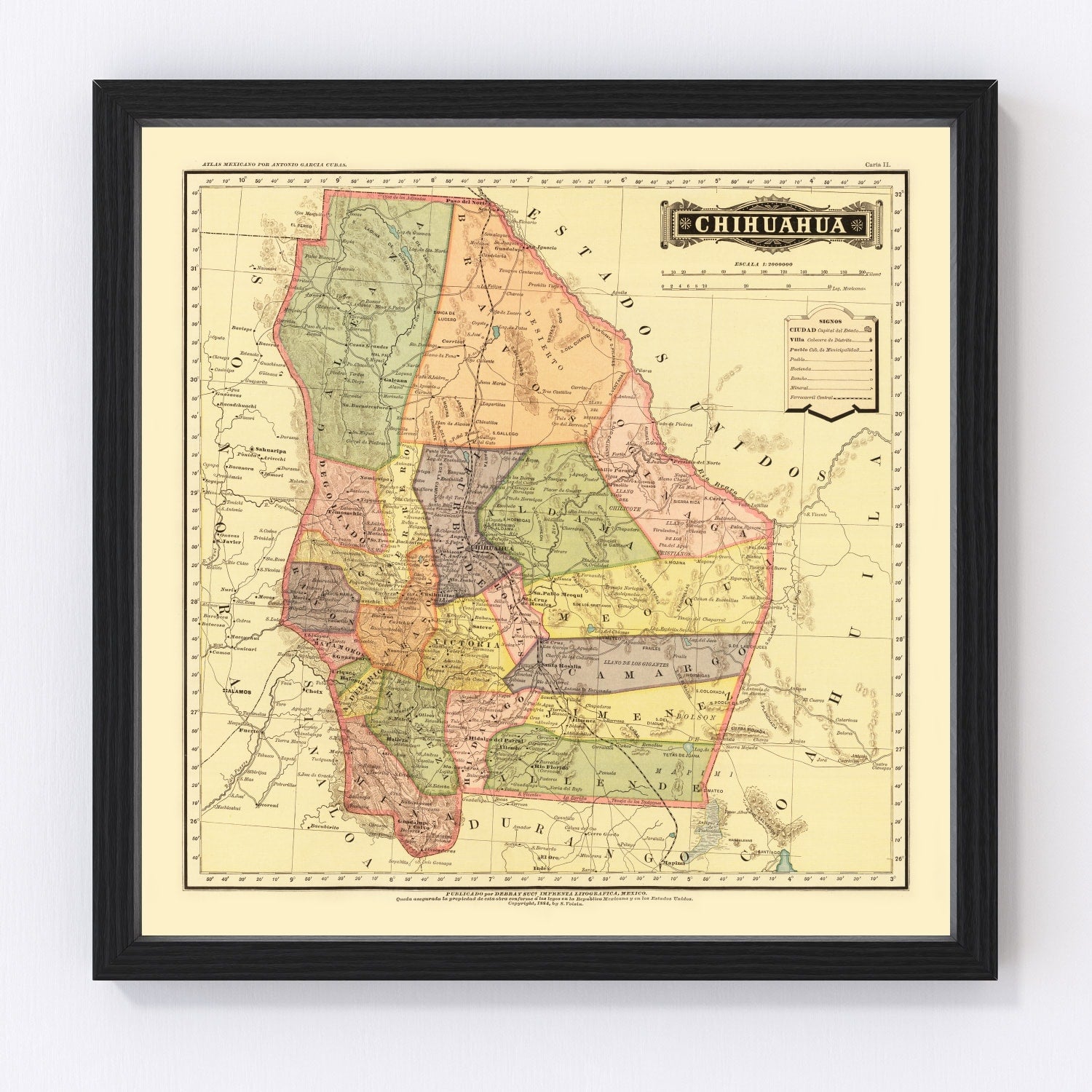 Vintage Map of Chihuahua Mexico, 1886