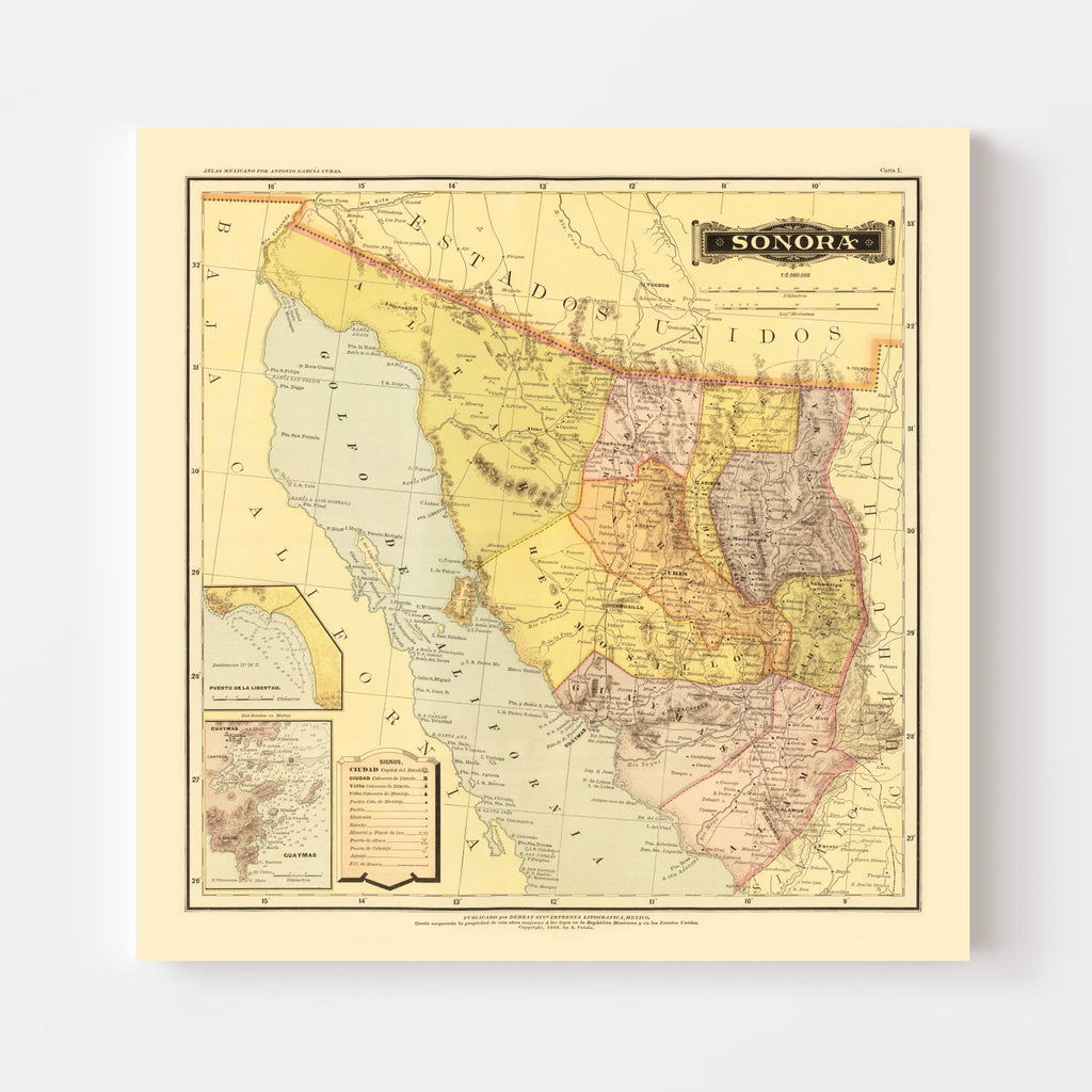 Vintage Map of Sonora Mexico, 1886