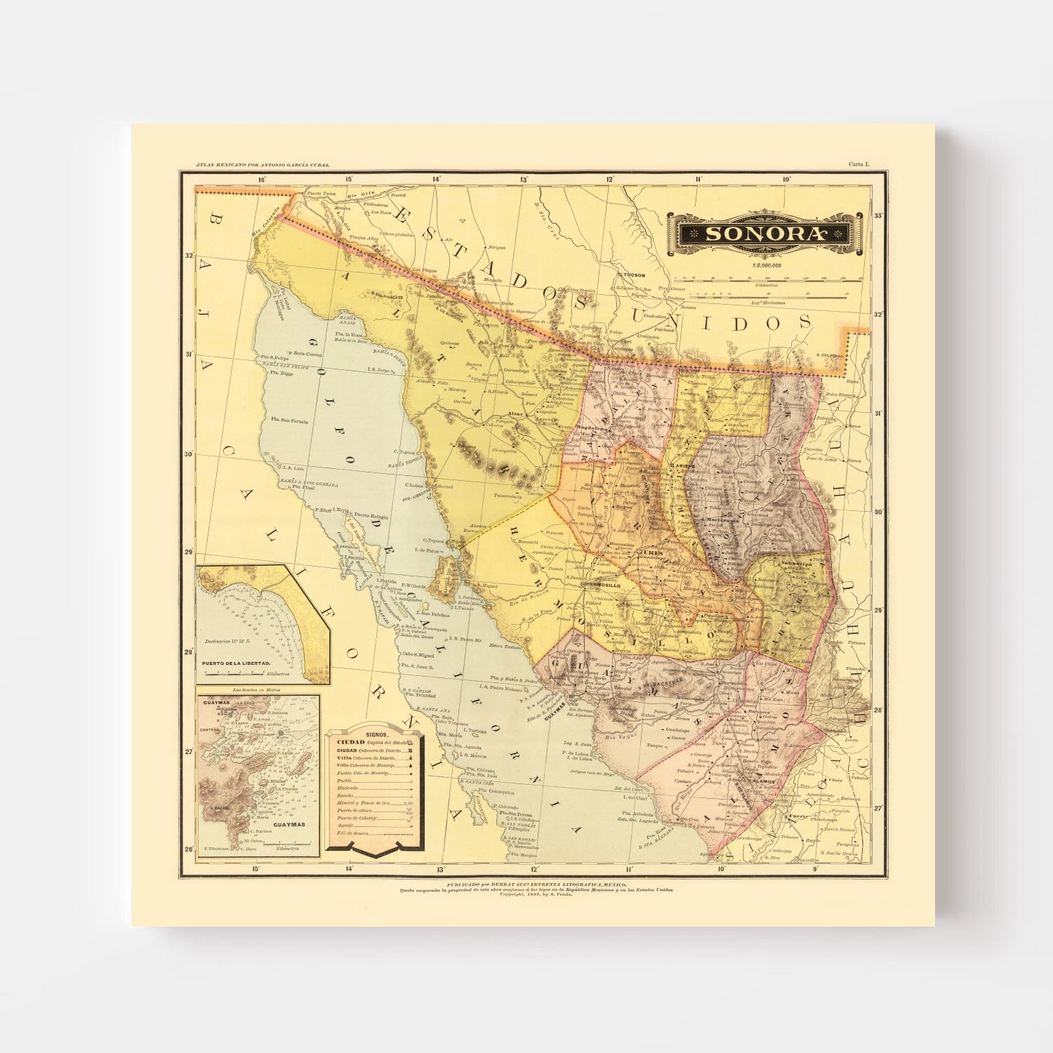 Vintage Map of Sonora Mexico, 1886