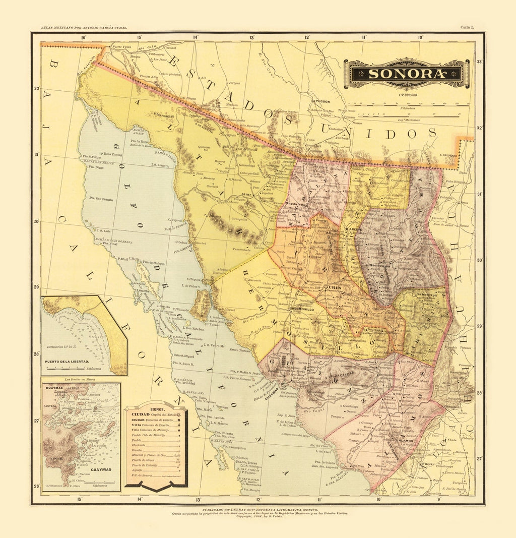 Vintage Map of Sonora Mexico, 1886