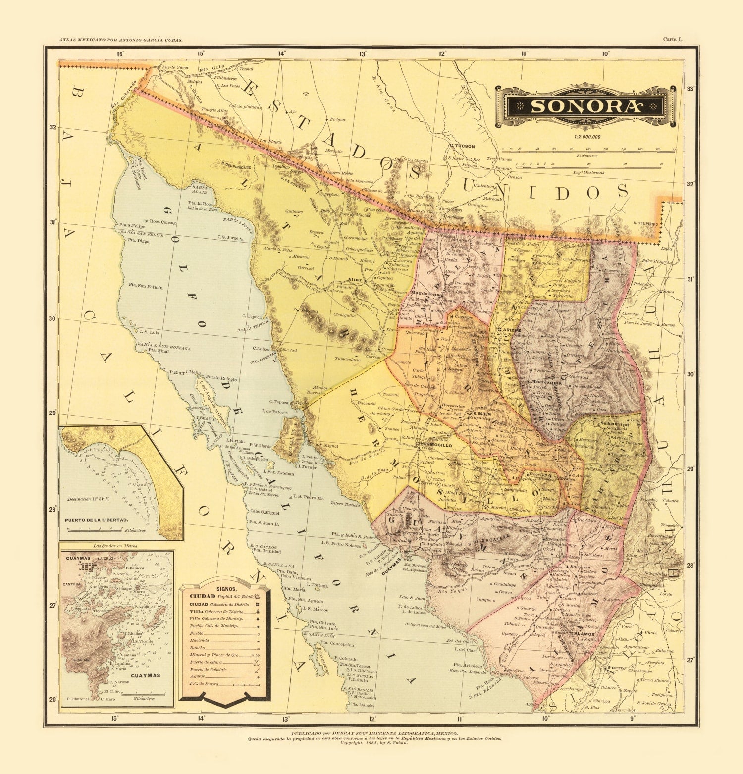 Vintage Map of Sonora Mexico, 1886