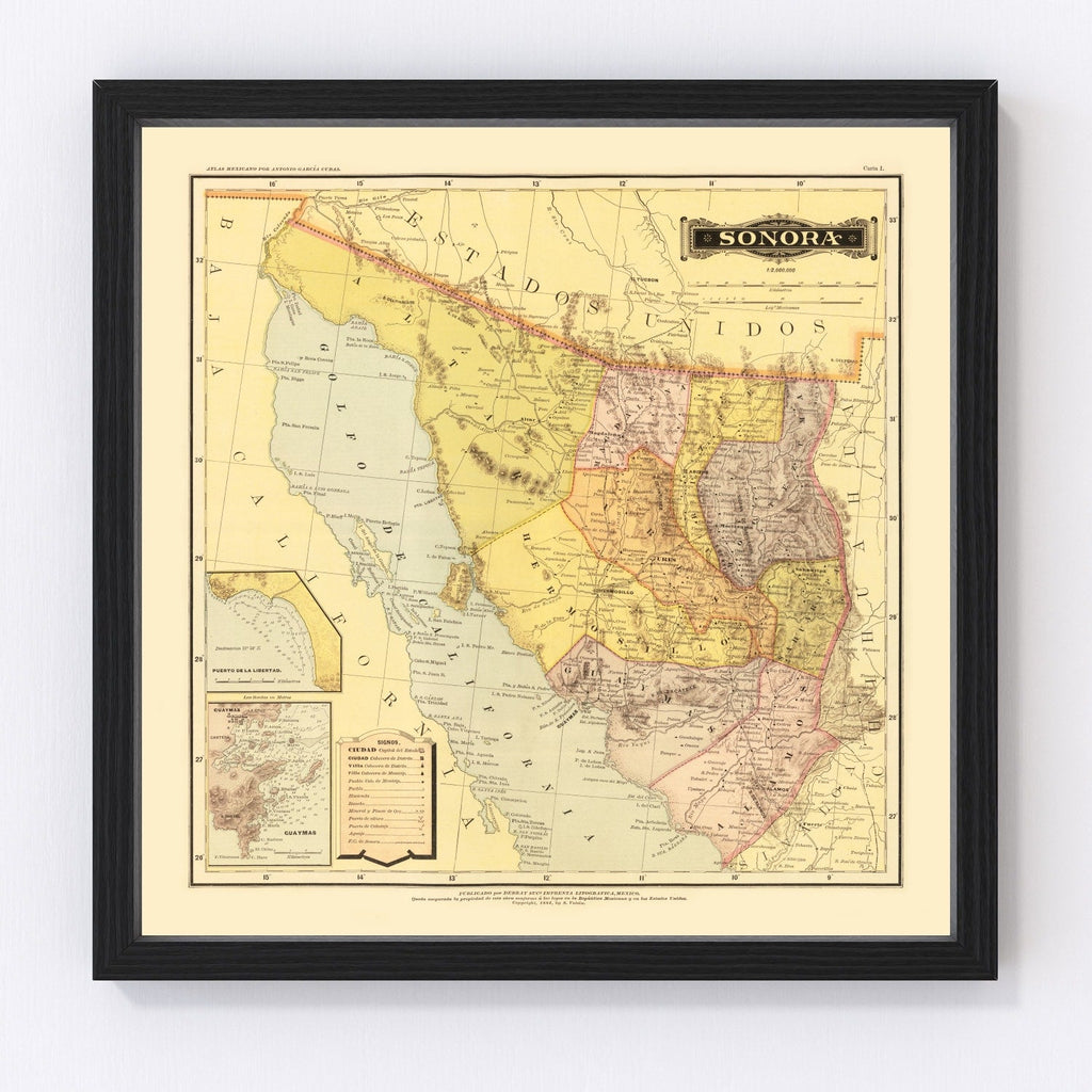 Vintage Map of Sonora Mexico, 1886