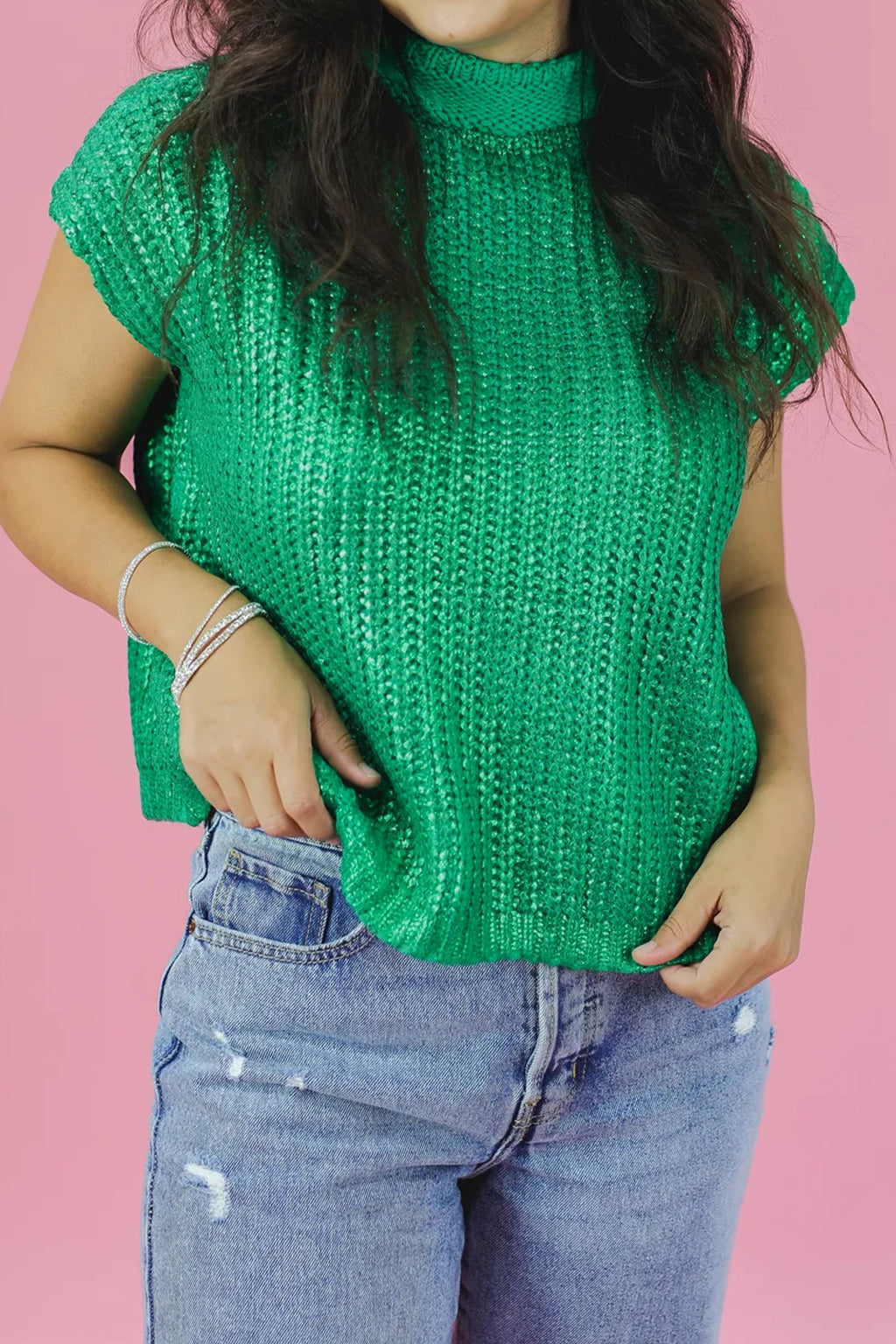 Solid Mock Neck Short Sleeve Knit Sweater