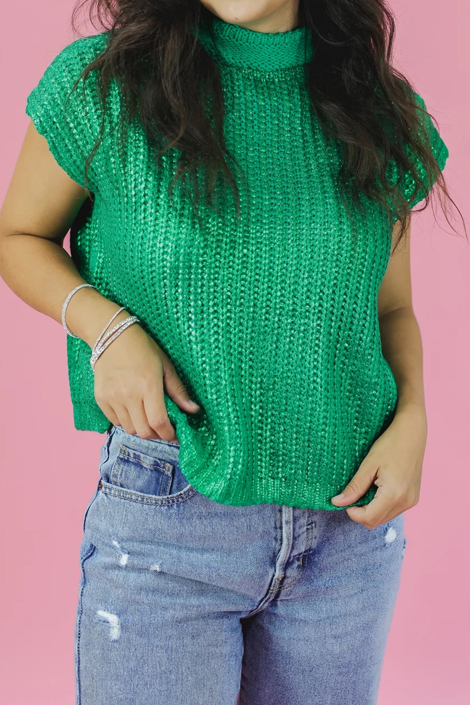 Solid Mock Neck Short Sleeve Knit Sweater