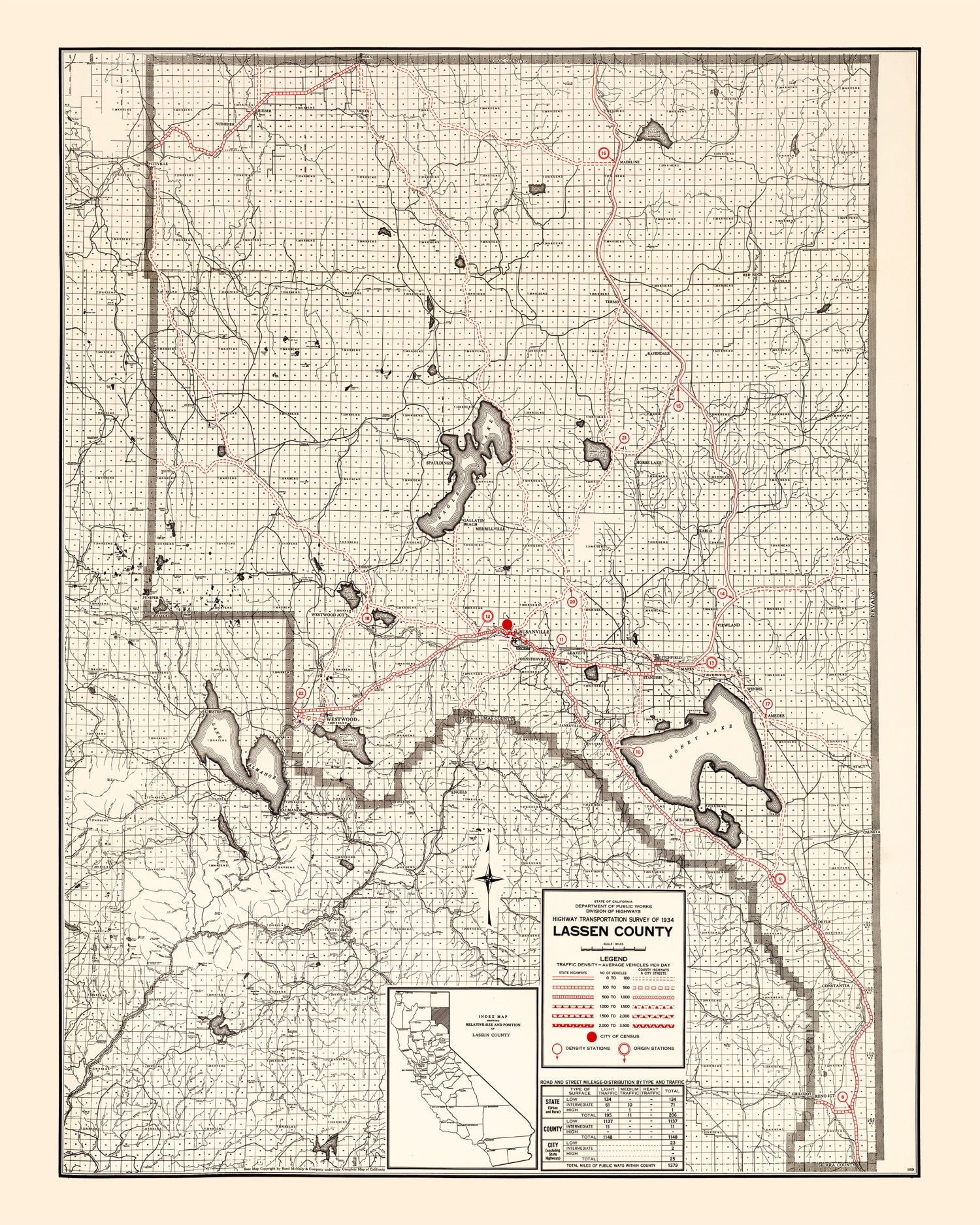 Vintage Map of Lassen County, California 1935