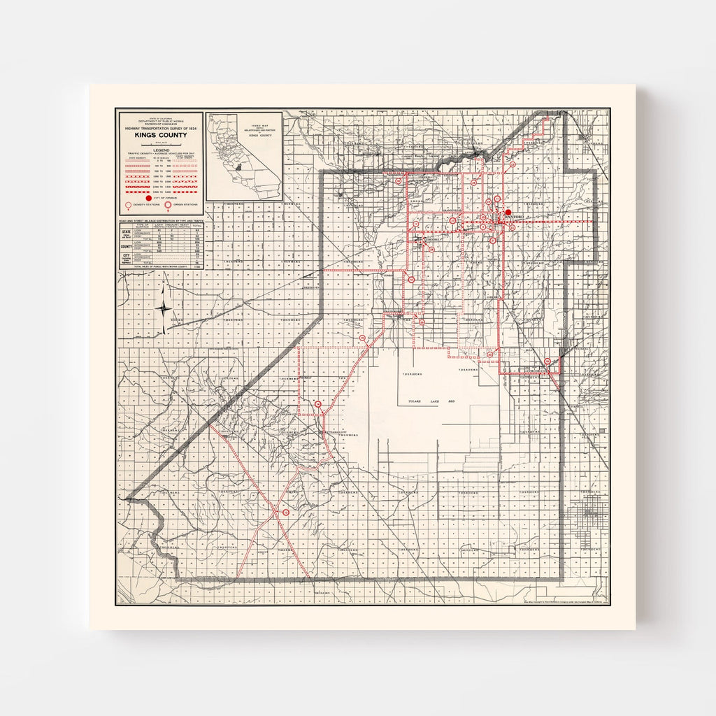Vintage Map of Kings County, California 1935