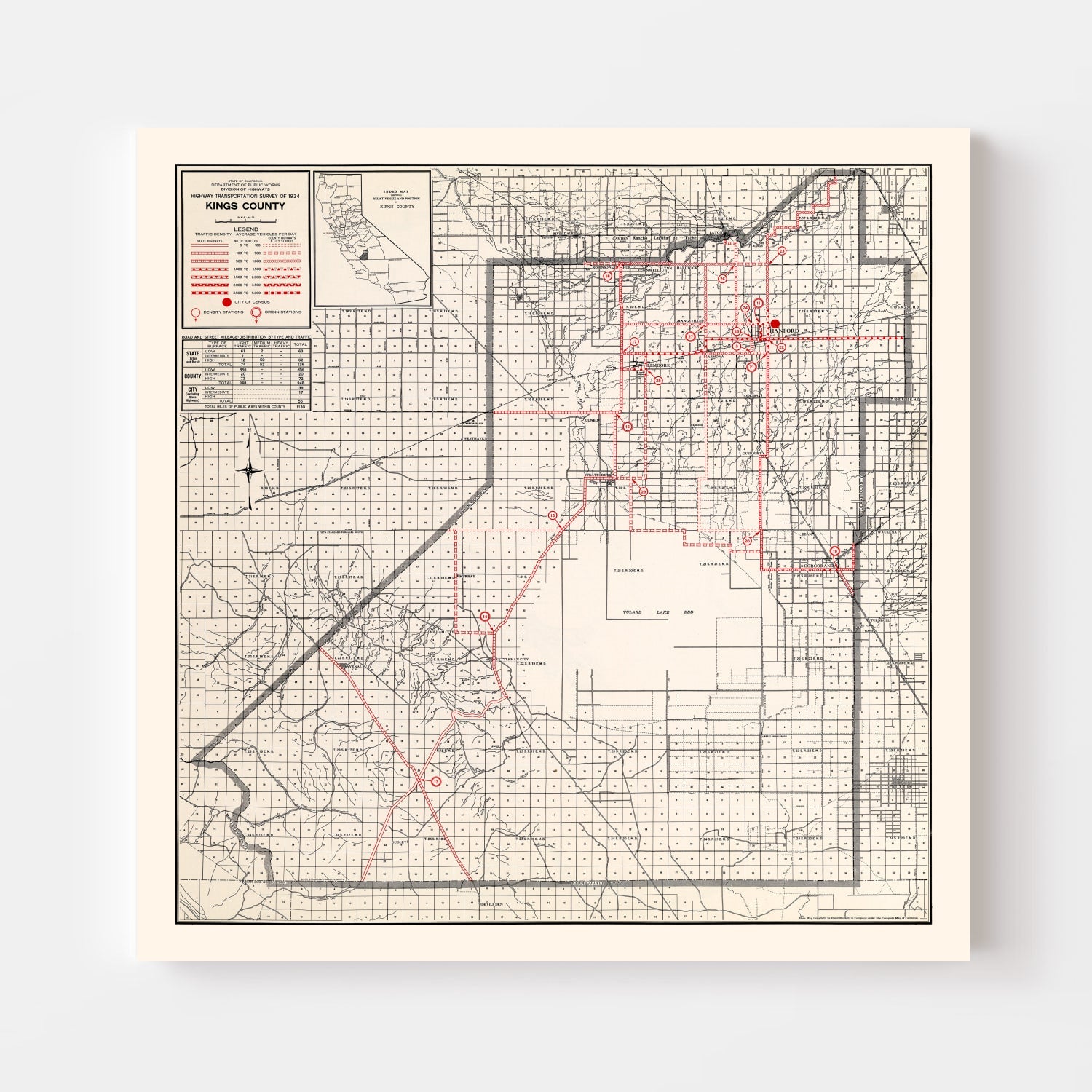 Vintage Map of Kings County, California 1935
