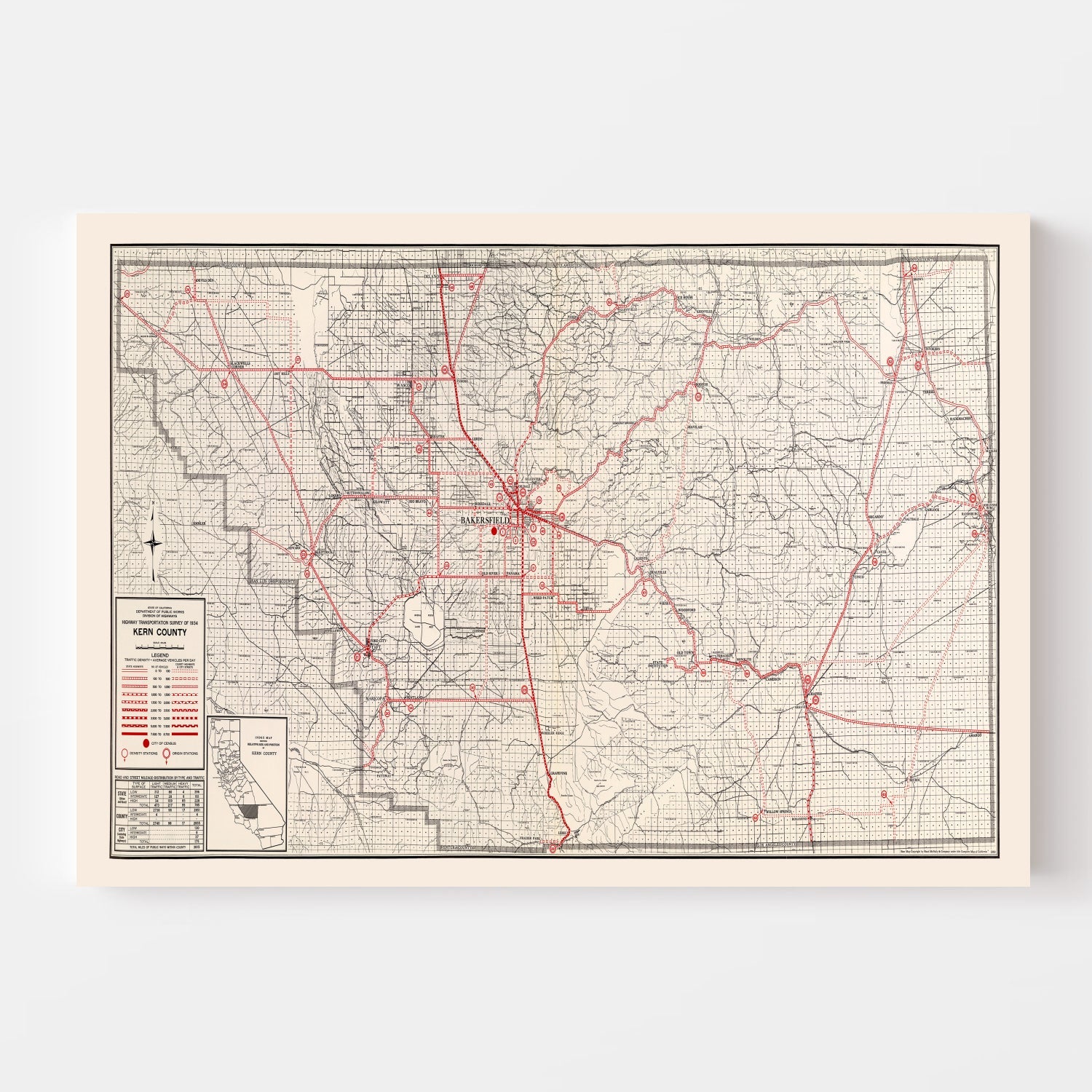 Vintage Map of Kern County, California 1935