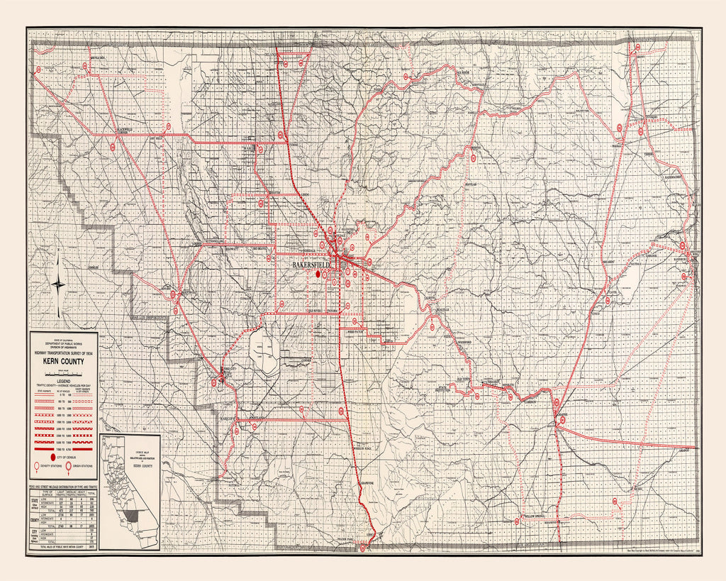 Vintage Map of Kern County, California 1935