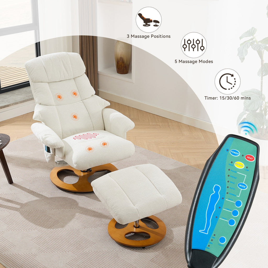 010-Ergonomic Recliner Chair with Ottoman, Modern 360° Swivel Lounge Chair with Footstool, Chenille Fabric, 5 Point Vibration Massage, Seat Heating & 140° Adjustable Backrest for Home or Office, White