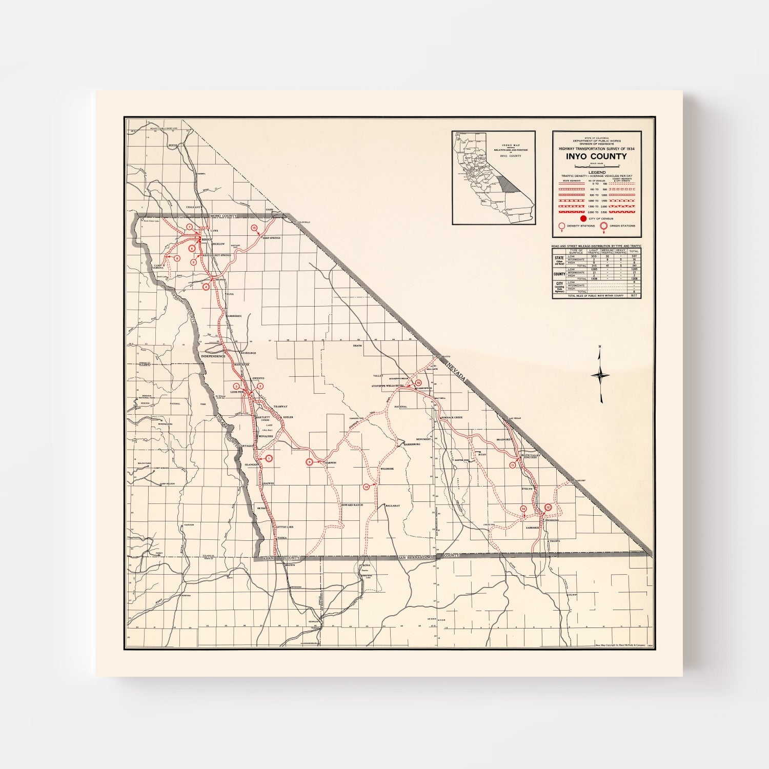 Vintage Map of Inyo County, California 1935